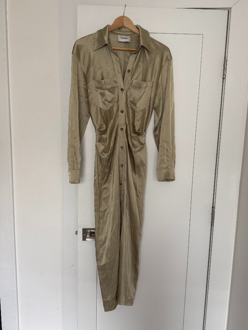 Nanushka Maxi Dress Olive Green Button Front Long Sleeve M